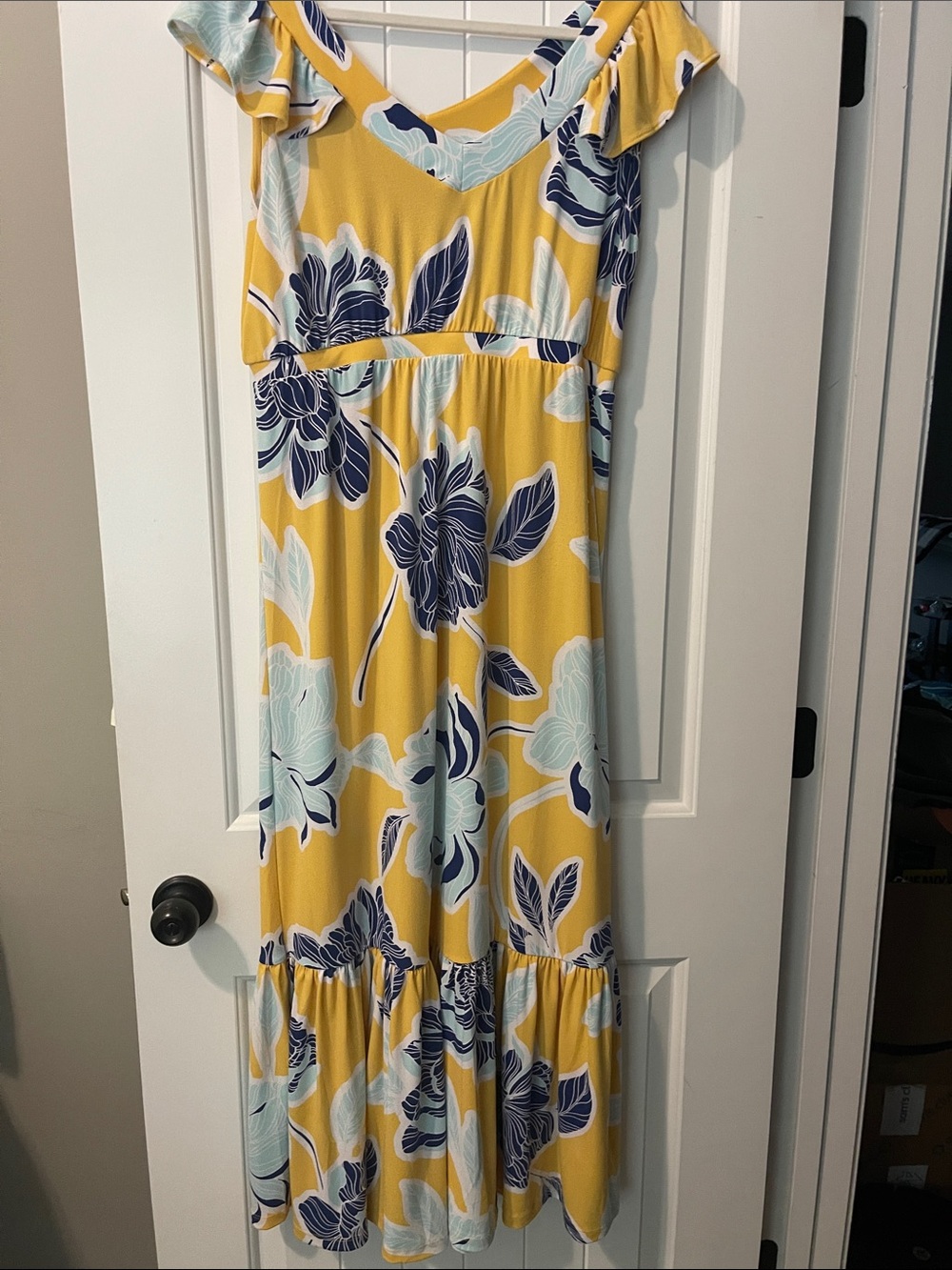 IMAN Yellow Floral Maxi Dress with Navy and Light Blue Blooms